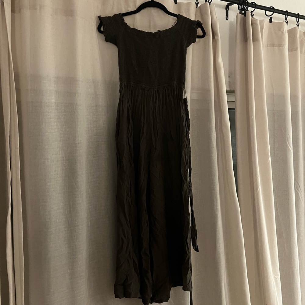 Dark olive green off the shoulder jumpsuit.